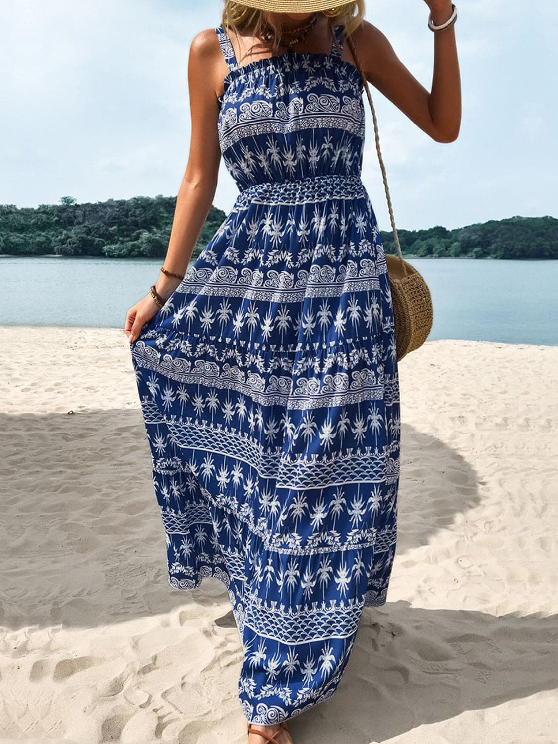 Printed Square Neck Sleeveless Maxi Dress.