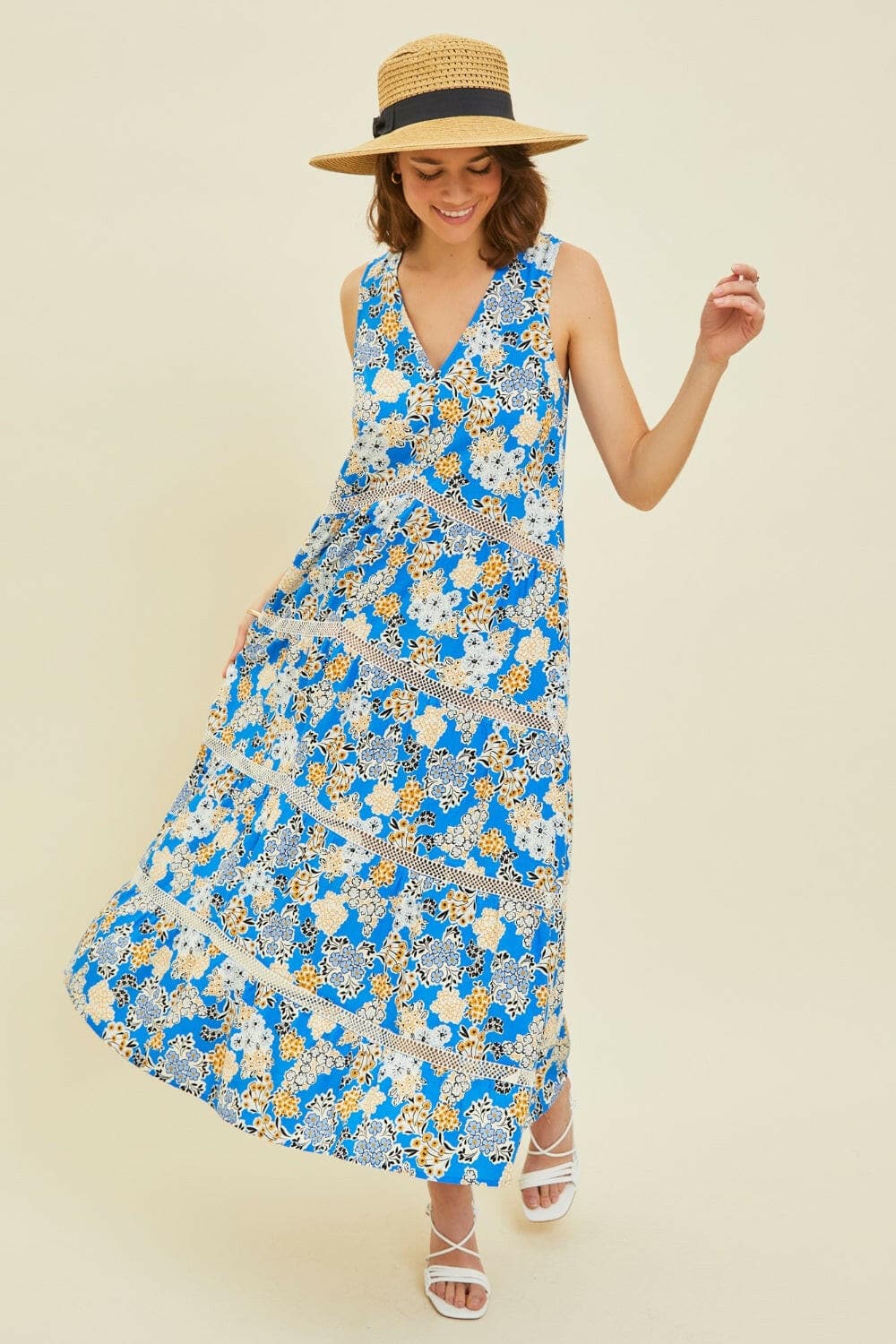 HEYSON Full Size Printed Crochet Trim Maxi Dress.