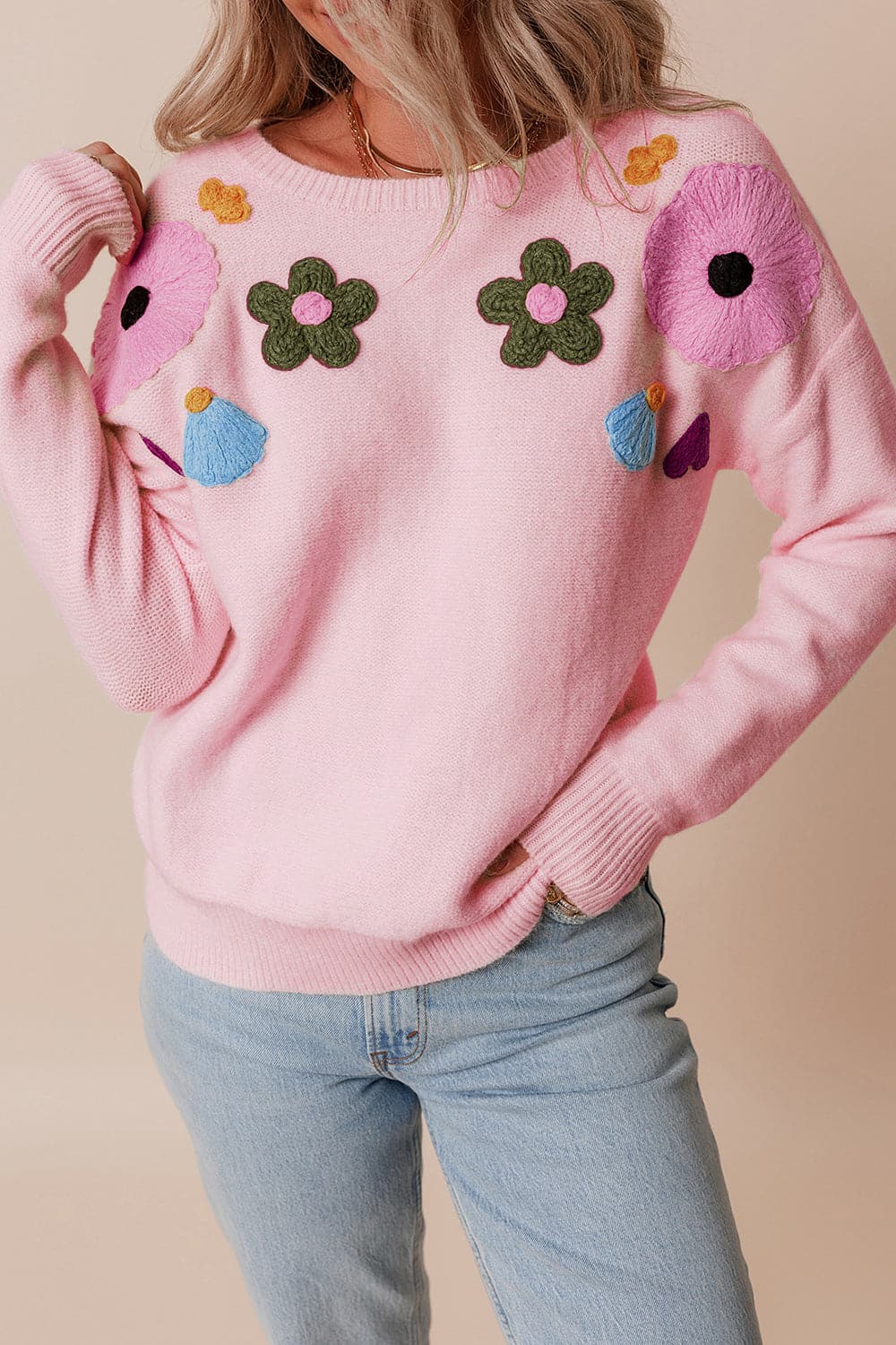 Crochet Flower Round Neck Dropped Shoulder Sweater.