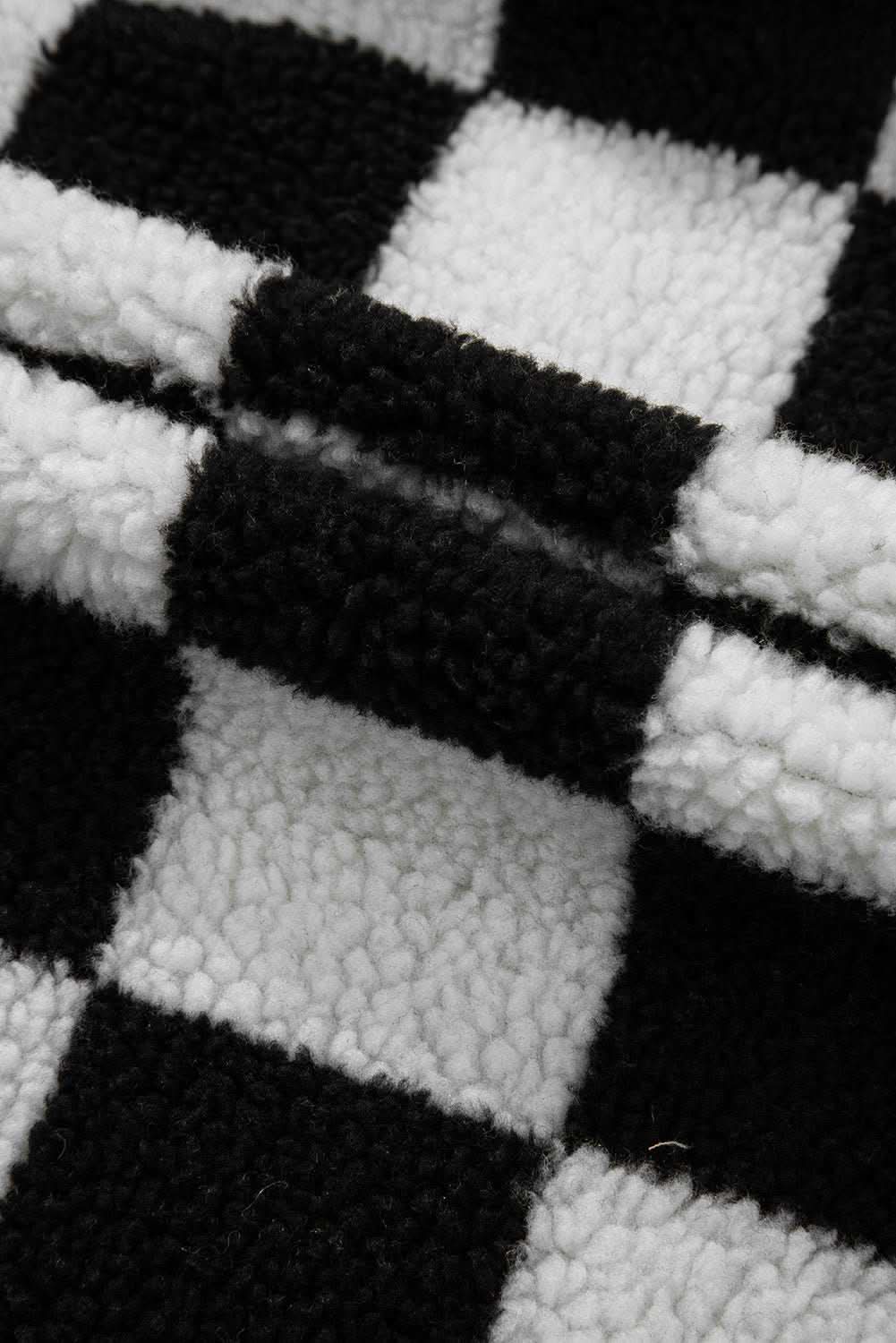 Black Checkered Side Pockets Collared Buttoned Fleece Jacket - Love Salve 