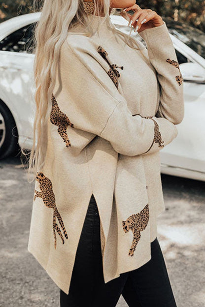 Animal Pattern Mock Neck Long Sleeve Slit Sweater.