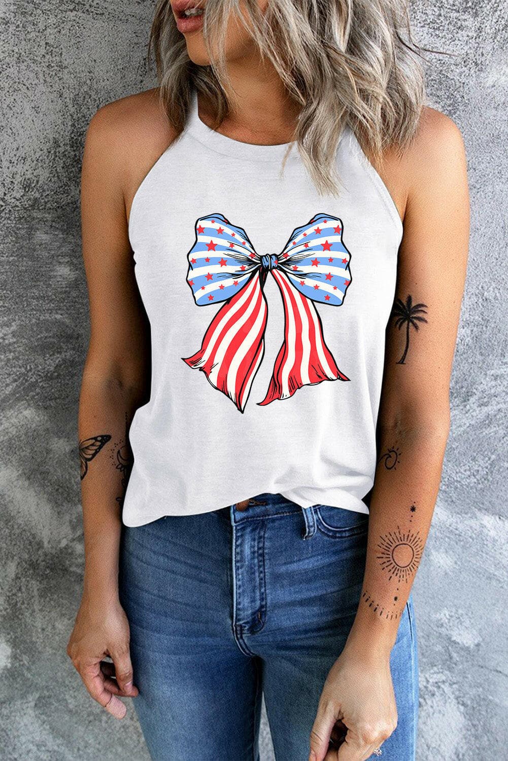 Bow Graphic Grecian Neck Tank.