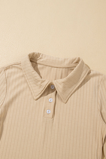 Chic beige ribbed long sleeve top with buttoned collar