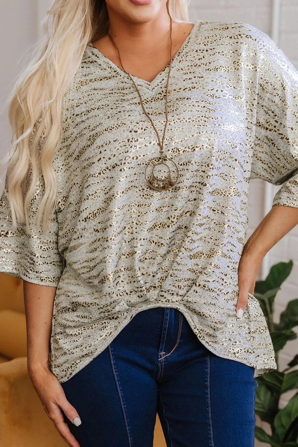 Leopard Print Half Sleeve V Neck Loose Fit T Shirt Simply Love