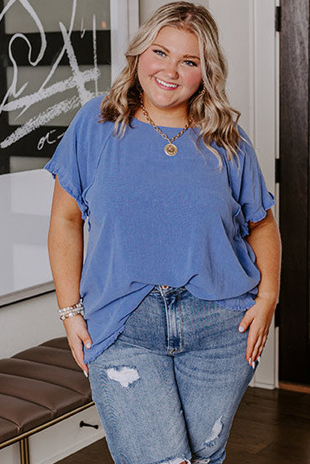 Chic Ashleigh blue plus size frayed edge short sleeve top