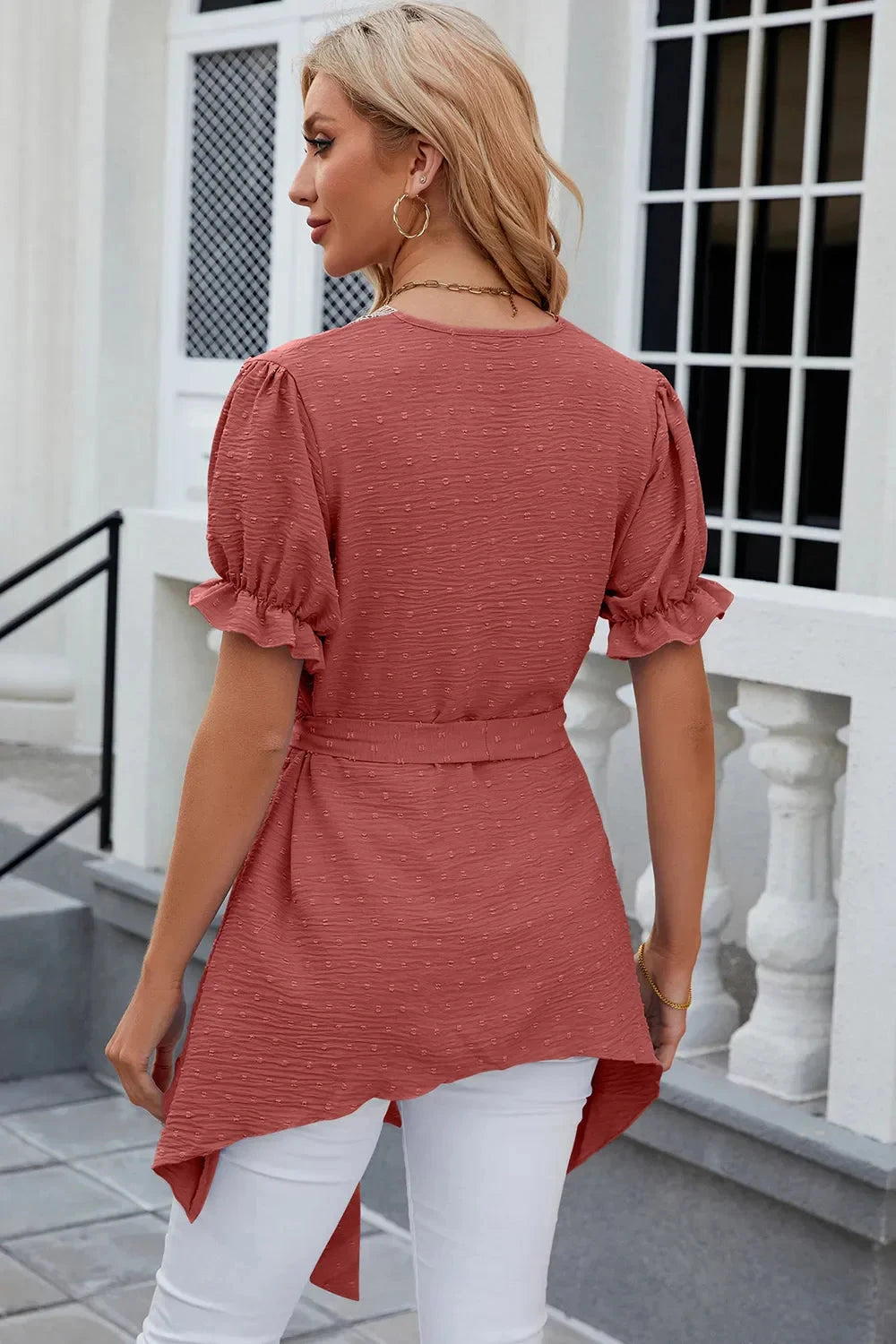 Swiss Dot Tie Waist Flounce Sleeve Blouse Coco’s Tee Boutique