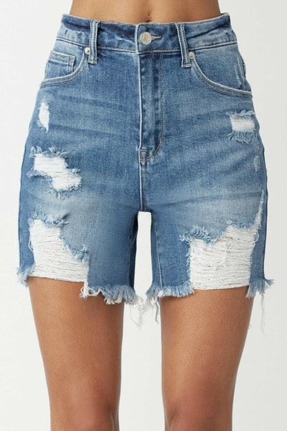 RISEN High Waisted Distressed Denim Shorts.