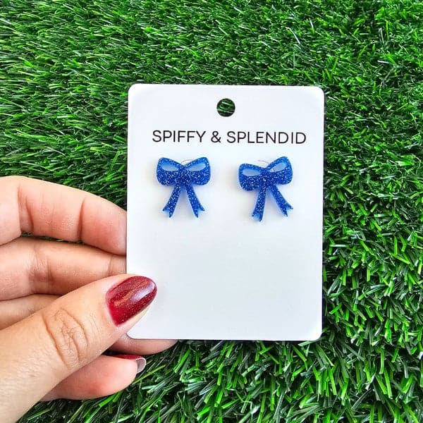 Bow Studs - Blue Glitter.