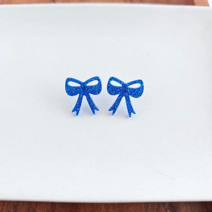 Bow Studs - Blue Glitter.