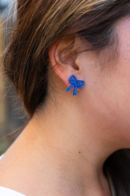 Bow Studs - Blue Glitter.