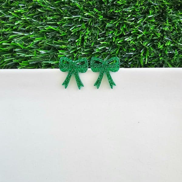 Bow Studs - Green Glitter.