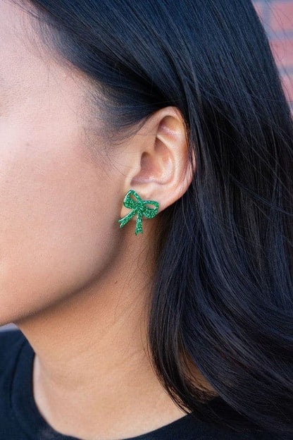 Bow Studs - Green Glitter.