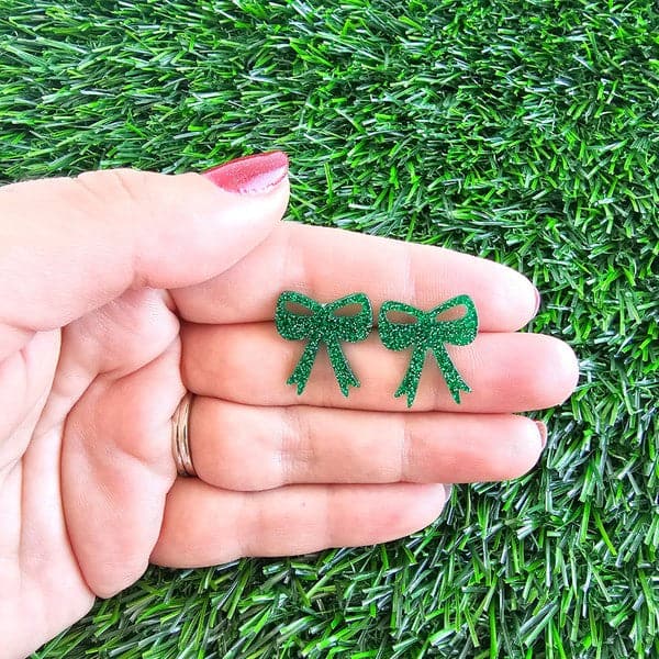 Bow Studs - Green Glitter.