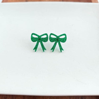 Bow Studs - Green Glitter.