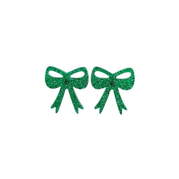 Bow Studs - Green Glitter.