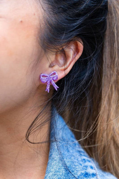 Bow Studs - Purple Glitter.