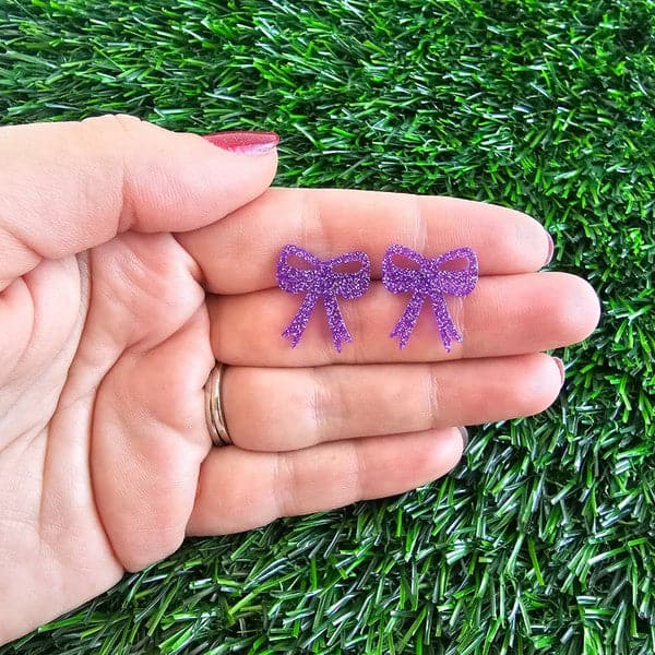 Bow Studs - Purple Glitter.