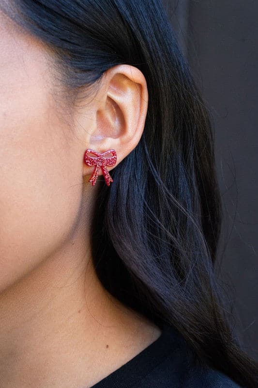 Bow Studs - Red Glitter.