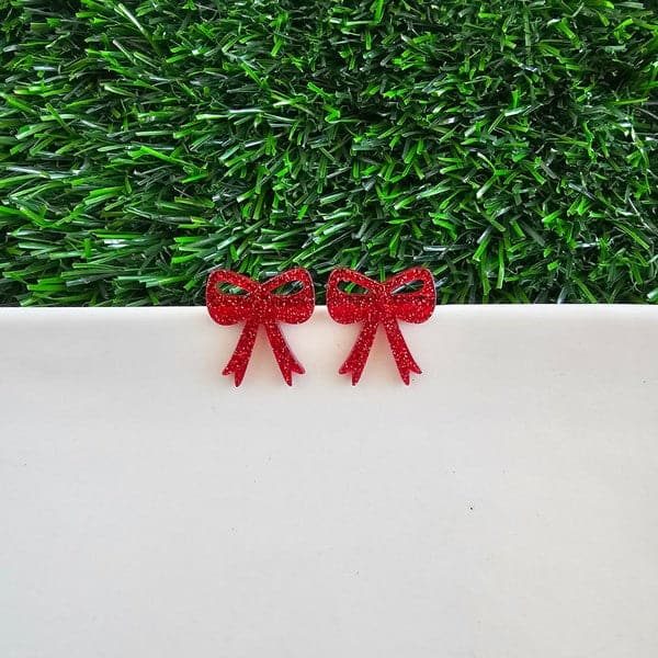 Bow Studs - Red Glitter.