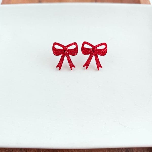 Bow Studs - Red Glitter.