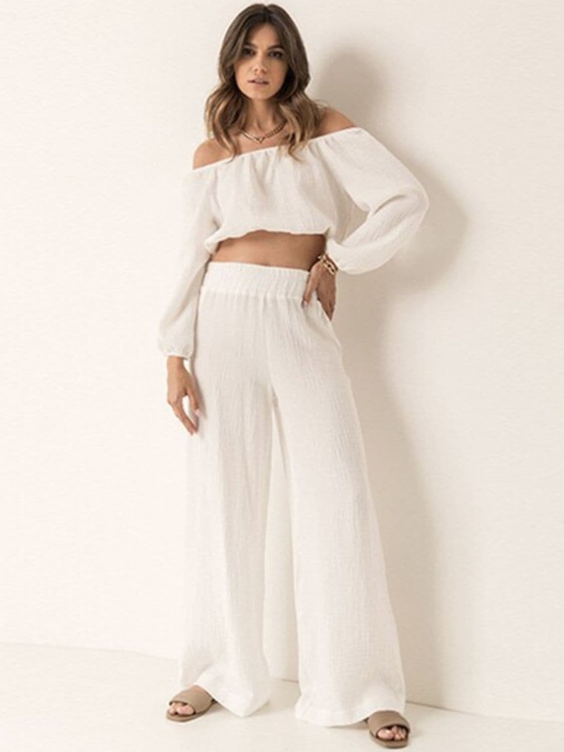 Off Shoulder Long Sleeve Top and Pants Set.