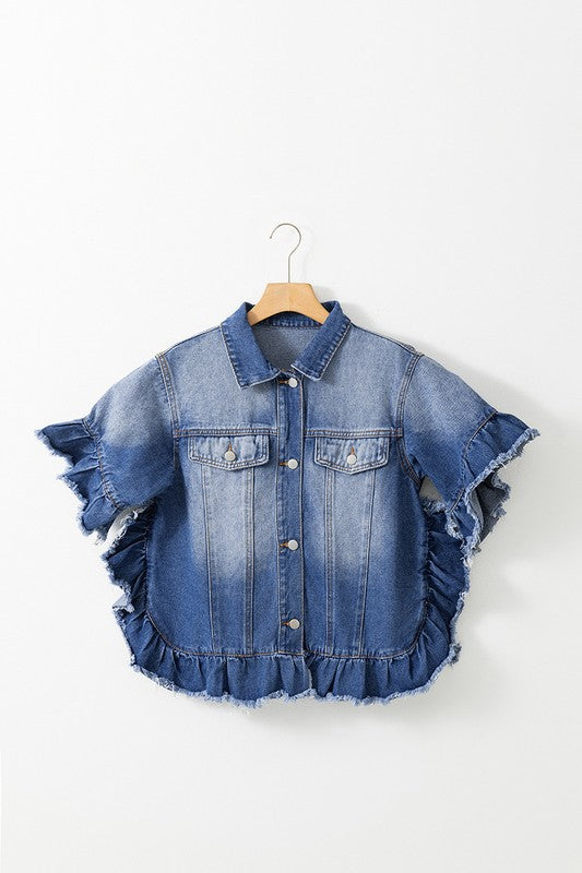 Chic ruffled short sleeve denim jacket for women