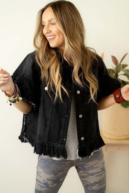 Chic ruffled short sleeve denim jacket for women