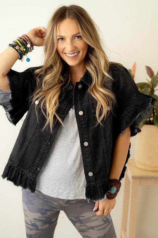 Chic ruffled short sleeve denim jacket for women