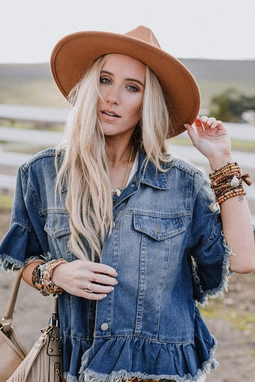 Ruffled short sleeve denim jacket