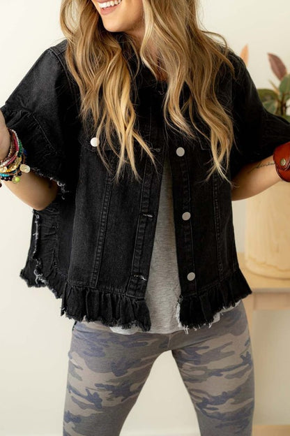 Chic ruffled short sleeve denim jacket for women