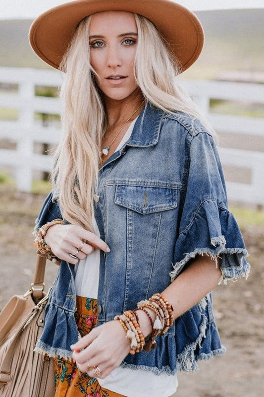 Ruffled short sleeve denim jacket