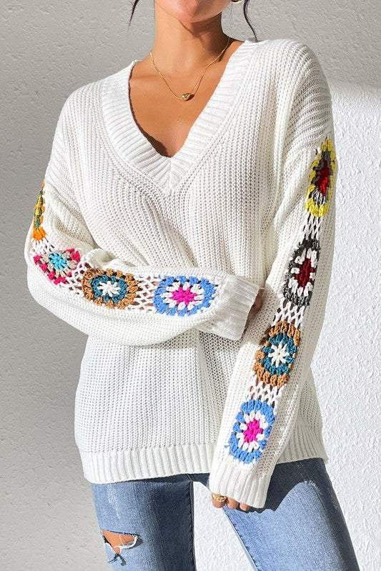 Miss Sparkling V neck crochet sleeve sweater Miss Sparkling