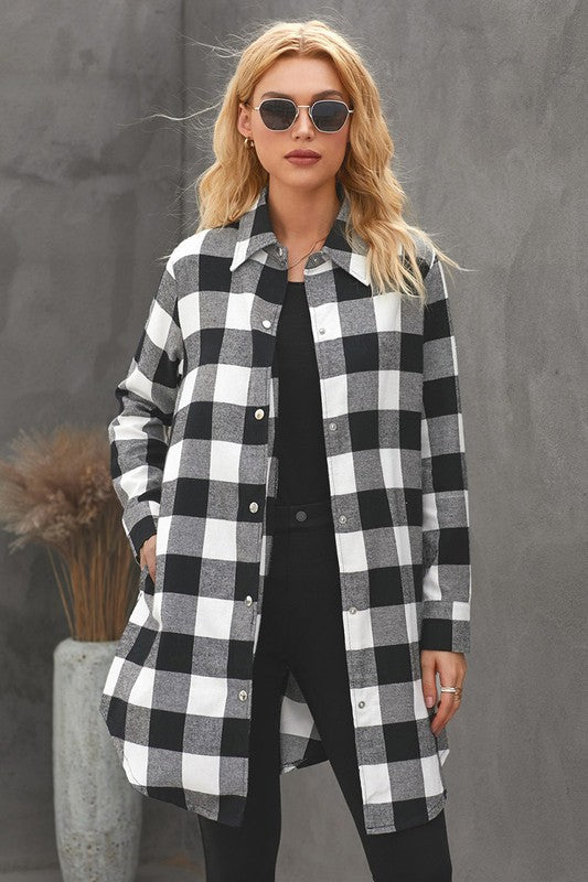 Women Turn-down Collar Plaid Shirt Coat