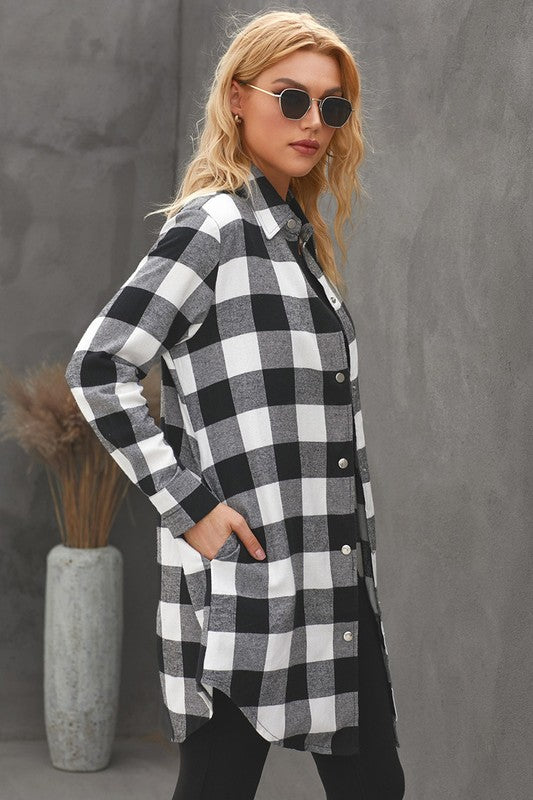 Women Turn-down Collar Plaid Shirt Coat