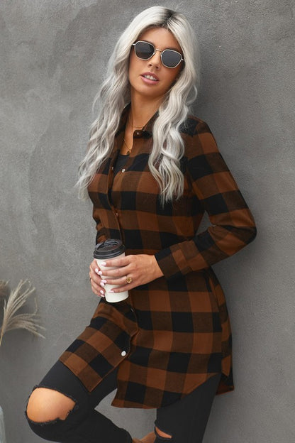 Women Turn-down Collar Plaid Shirt Coat