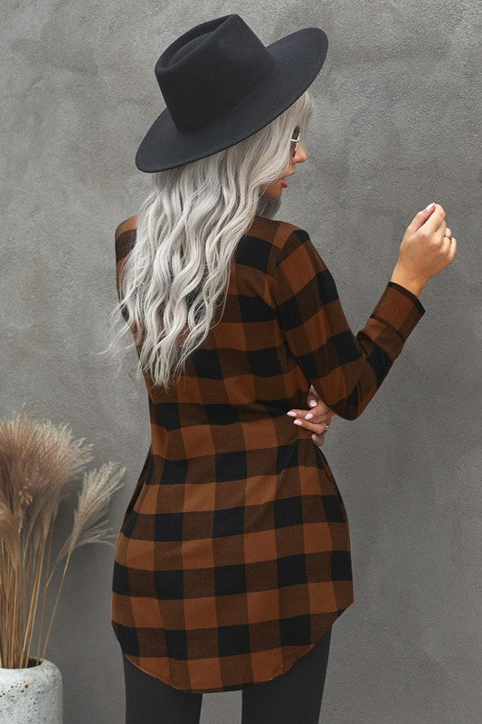 Women Turn-down Collar Plaid Shirt Coat