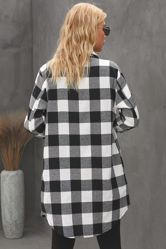 Women Turn-down Collar Plaid Shirt Coat