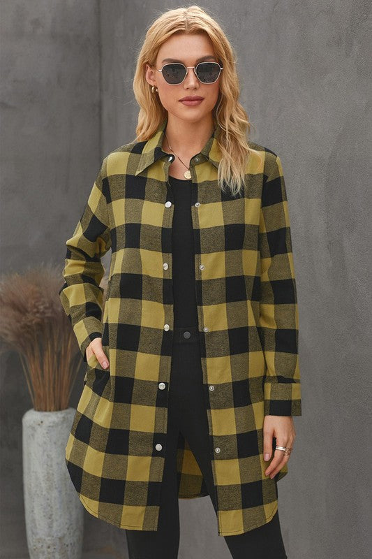 Women Turn-down Collar Plaid Shirt Coat