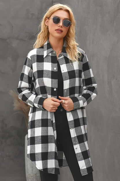 Women Turn-down Collar Plaid Shirt Coat