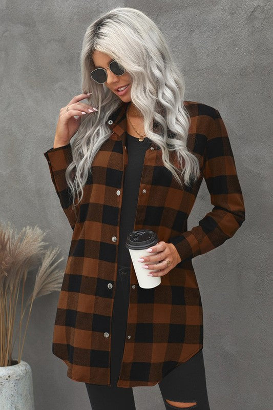 Women Turn-down Collar Plaid Shirt Coat