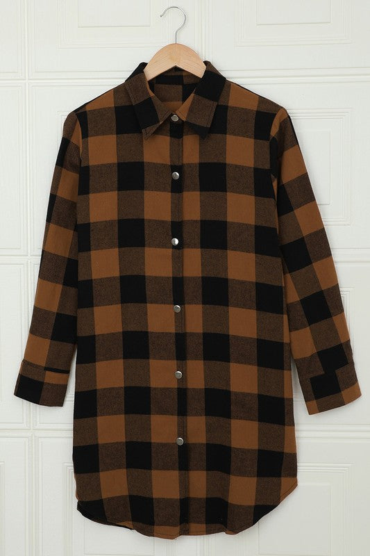 Women Turn-down Collar Plaid Shirt Coat