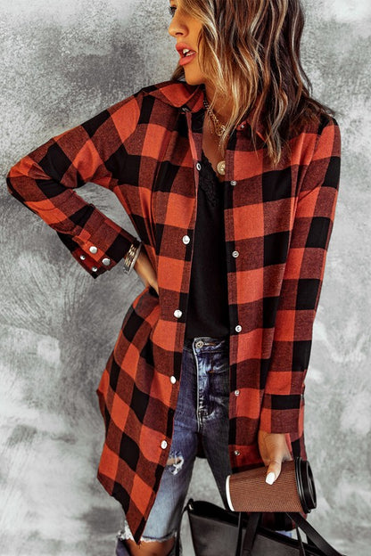 Women Turn-down Collar Plaid Shirt Coat