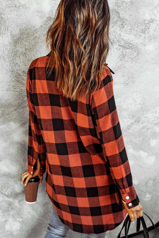 Women Turn-down Collar Plaid Shirt Coat