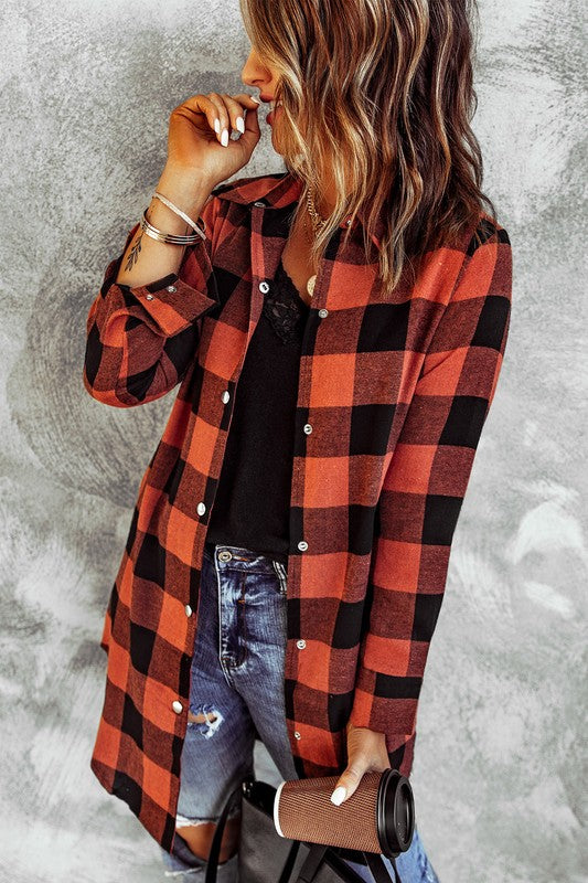 Women Turn-down Collar Plaid Shirt Coat