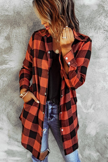 Women Turn-down Collar Plaid Shirt Coat