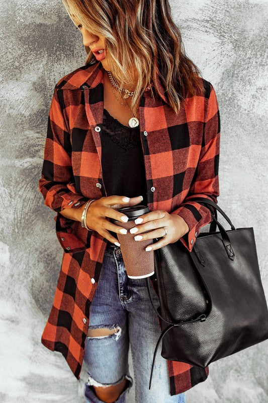 Women Turn-down Collar Plaid Shirt Coat