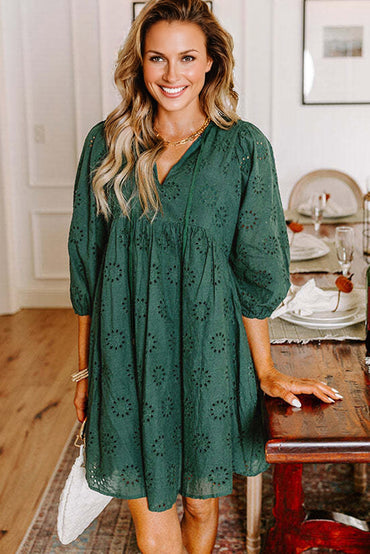 Blackish Green Embroidered Eyelet Swing Dress Puffy Sleeves