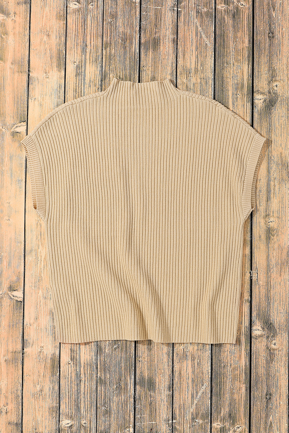 Chic oatmeal ribbed knit sweater with patch pocket