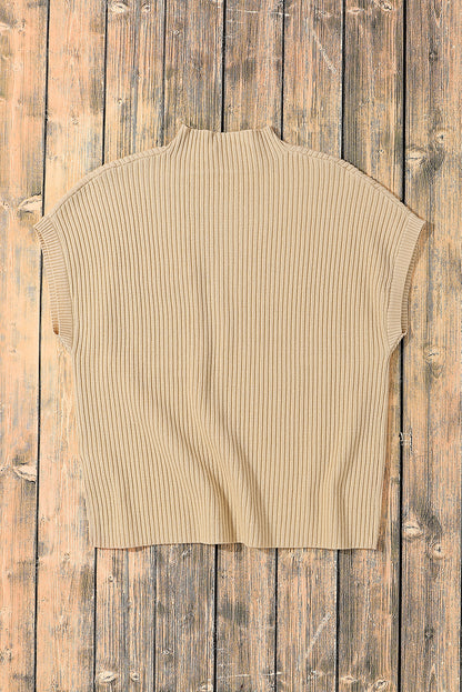 Chic oatmeal ribbed knit sweater with patch pocket