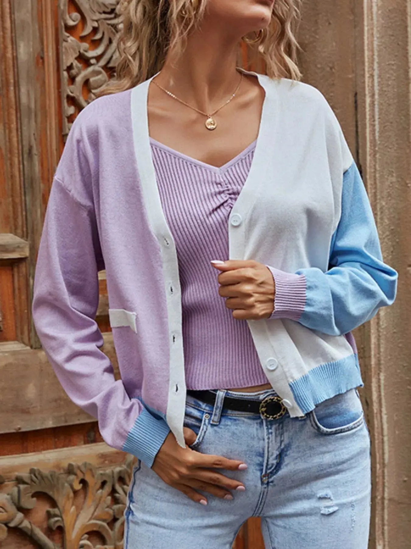 Color Block Button Up Cardigan Simply Love